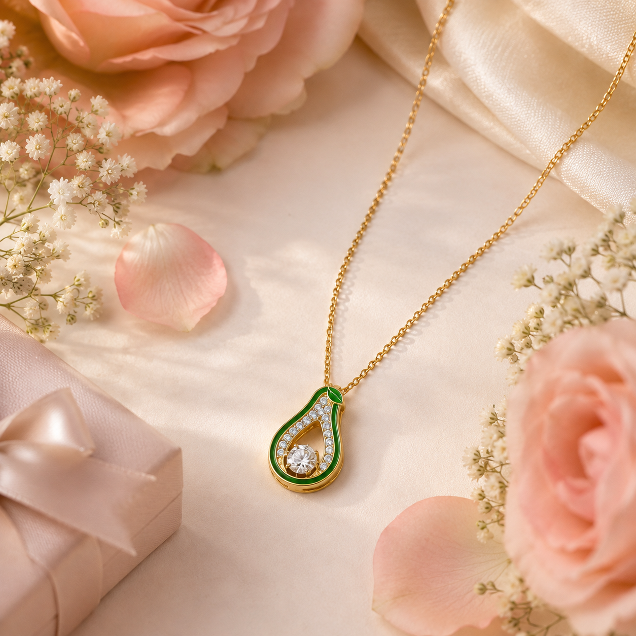 Gold green enamel teardrop CZ pendant necklace close-up showing round-cut cubic zirconia centre stone, pavé CZ inner curve and emerald green enamel border – AureliaBlends