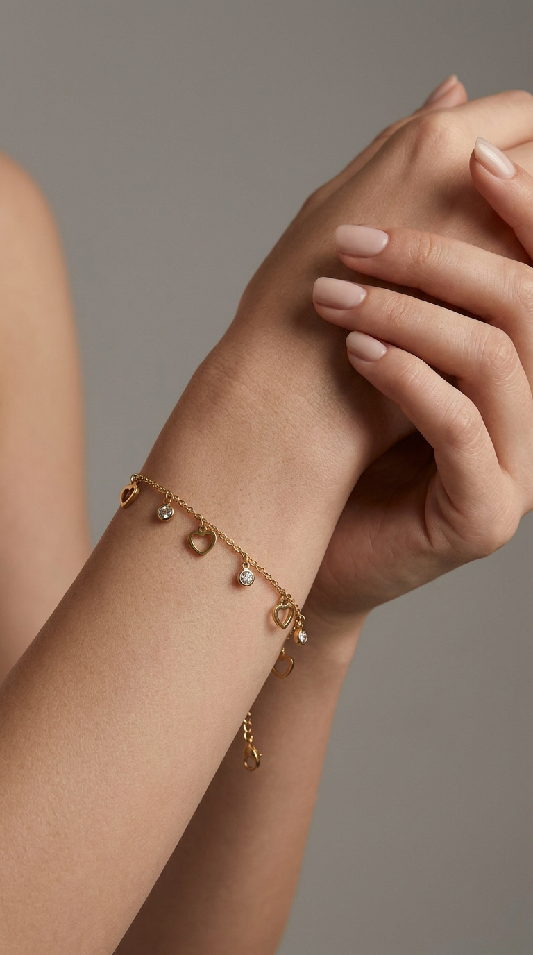 Dainty gold heart charm bracelet with CZ bezel dangles on wrist close-up side view – AureliaBlends