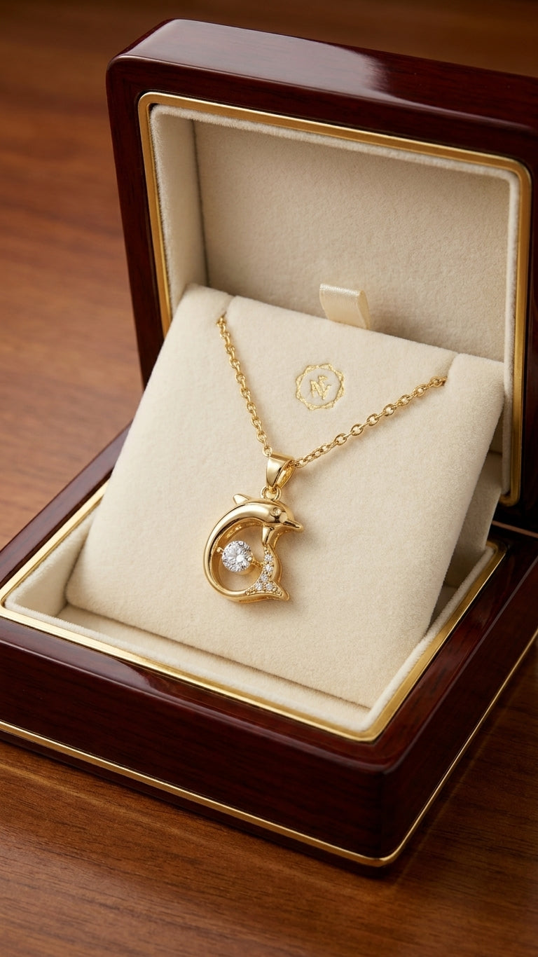 Gold dolphin CZ pendant necklace on black velvet showing sculpted dolphin silhouette with round-cut cubic zirconia centre stone and pavé CZ star tail detail – AureliaBlends