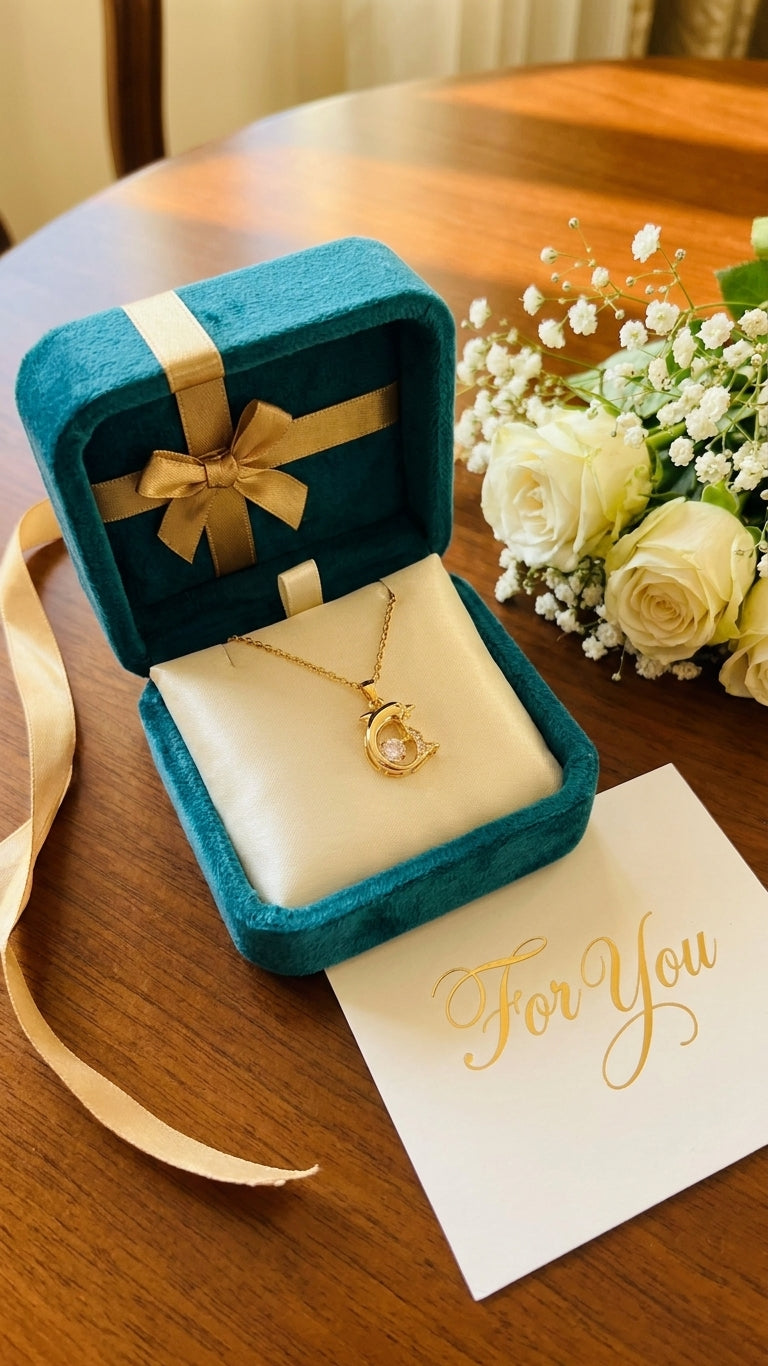 Gold CZ dolphin pendant necklace on white pearl satin surrounded by pink roses, white jasmine and eucalyptus – AureliaBlends romantic bridal jewelry flat lay