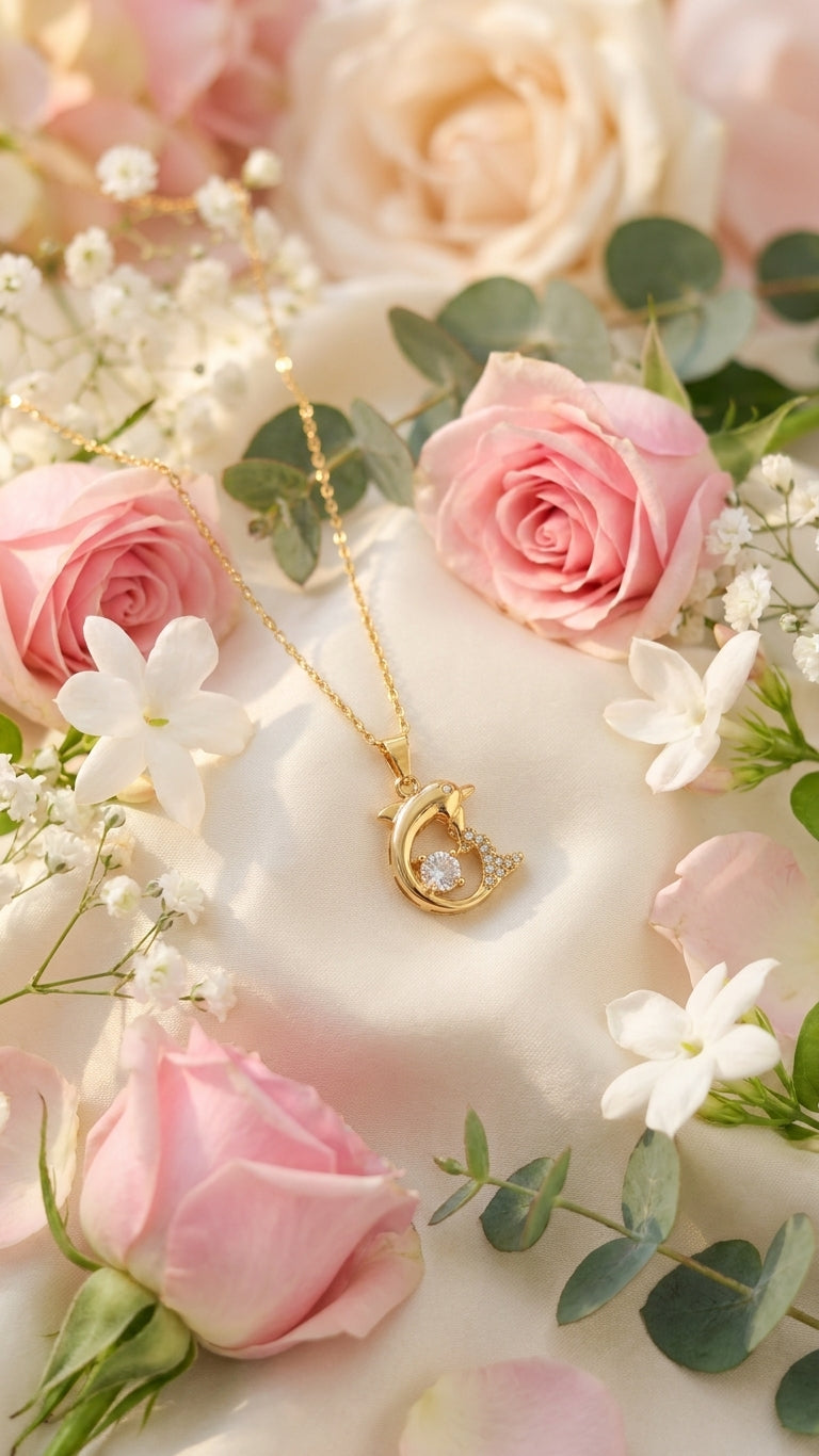 Gold CZ dolphin pendant necklace lifestyle flat lay with pink roses, white flowers and eucalyptus on cream satin – AureliaBlends gift for her UAE Dubai