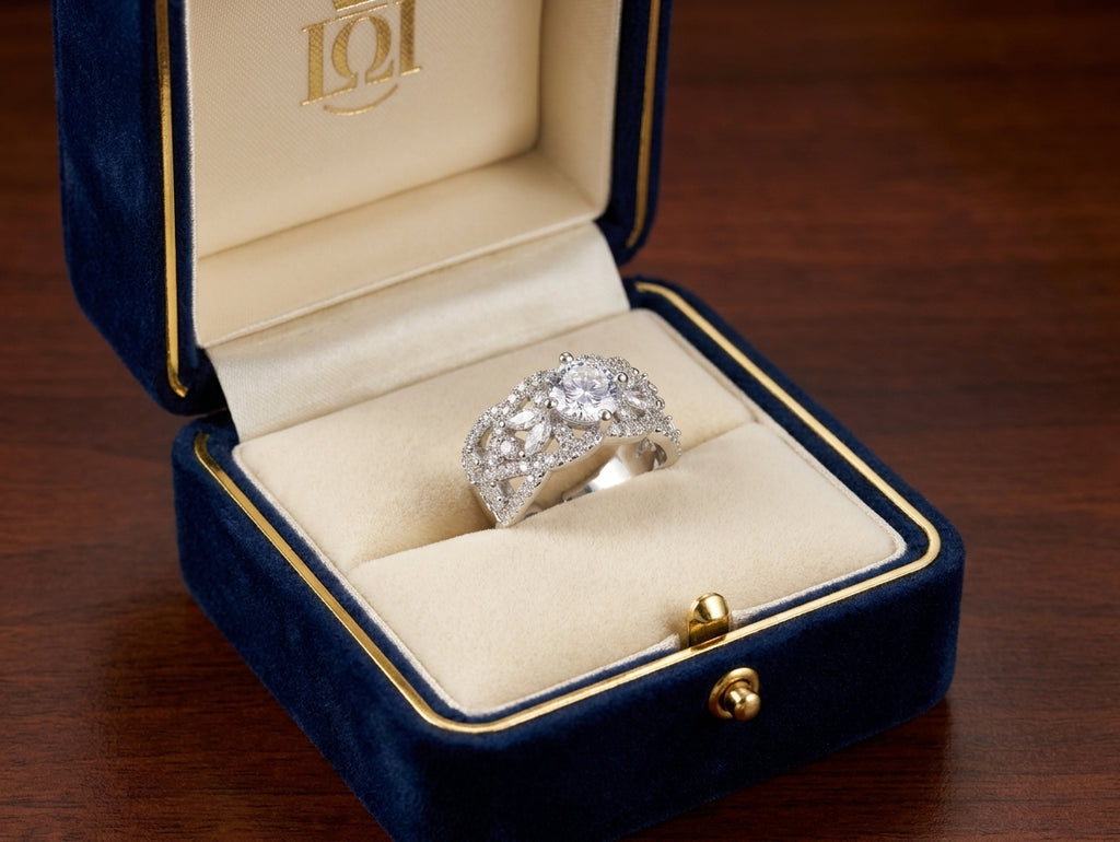 Celestial Bloom CZ engagement ring worn on hand – silver-tone wide band bridal ring – AureliaBlends