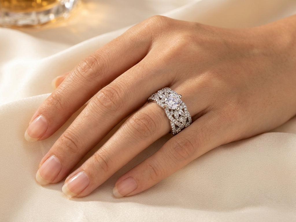 Celestial Bloom CZ engagement ring in navy blue velvet luxury ring box – AureliaBlends gift for her