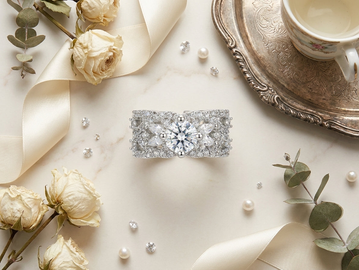 Celestial Bloom cubic zirconia engagement ring silver-tone wide pavé band side profile view – AureliaBlends