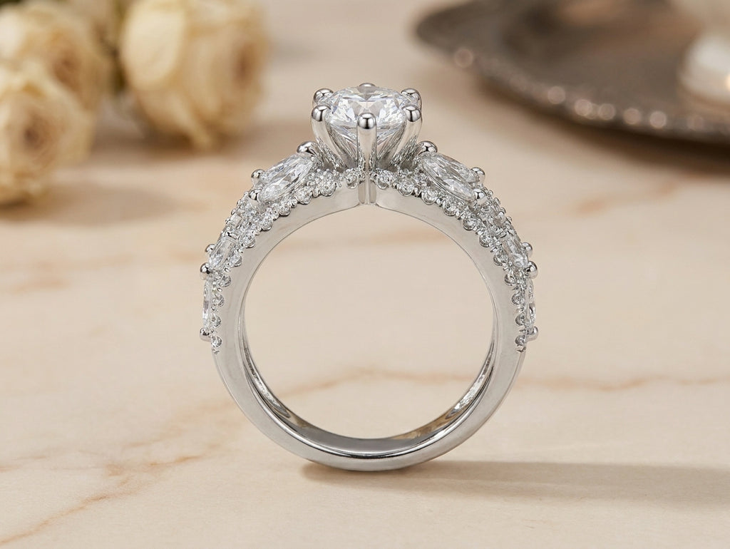 Celestial Bloom wide band CZ ring in black velvet box surrounded by pink roses – AureliaBlends bridal gift