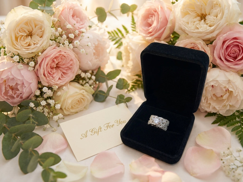 Celestial Bloom CZ statement ring flat lay on marble with roses and pearls – AureliaBlends bridal jewelry