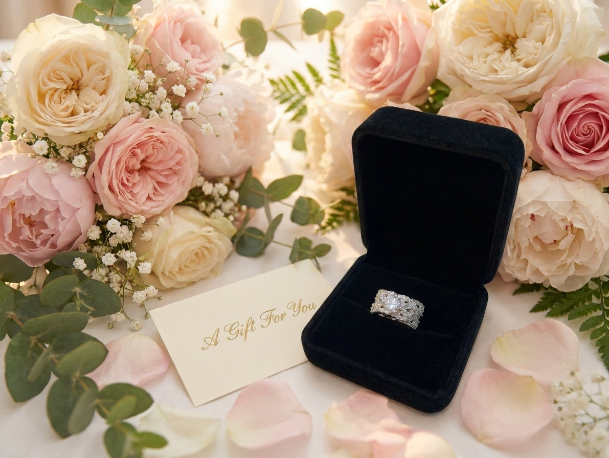 Celestial Bloom CZ statement ring flat lay on marble with roses and pearls – AureliaBlends bridal jewelry