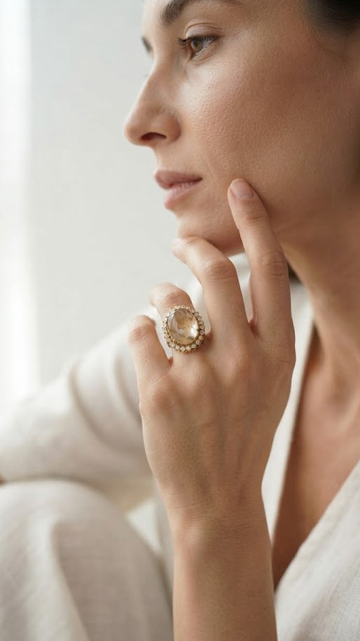 Gold oval peach stone CZ halo statement ring displayed in open dark grey velvet luxury ring box with gold trim on black velvet with To a cherished soul gift card pearl earrings and gold bracelet – AureliaBlends
