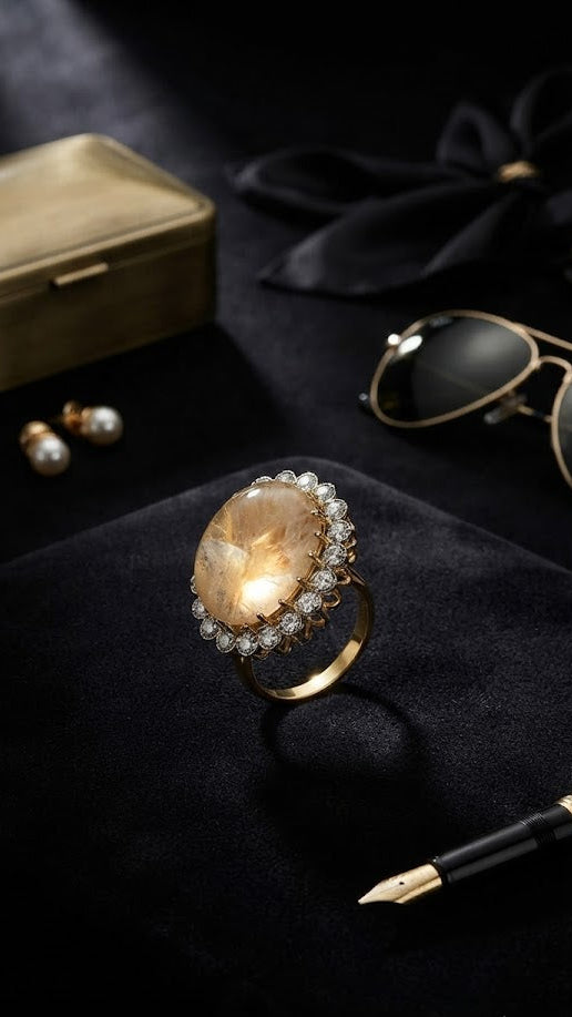 Gold oval peach stone CZ scalloped halo cocktail ring on dark grey velvet cushion with gold jewelry box sunglasses and pearl earrings on black background – AureliaBlends
