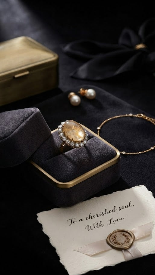 Gold oval peach moonstone cabochon CZ scalloped halo statement cocktail ring product shot on white background showing full ring design and gold band – AureliaBlends