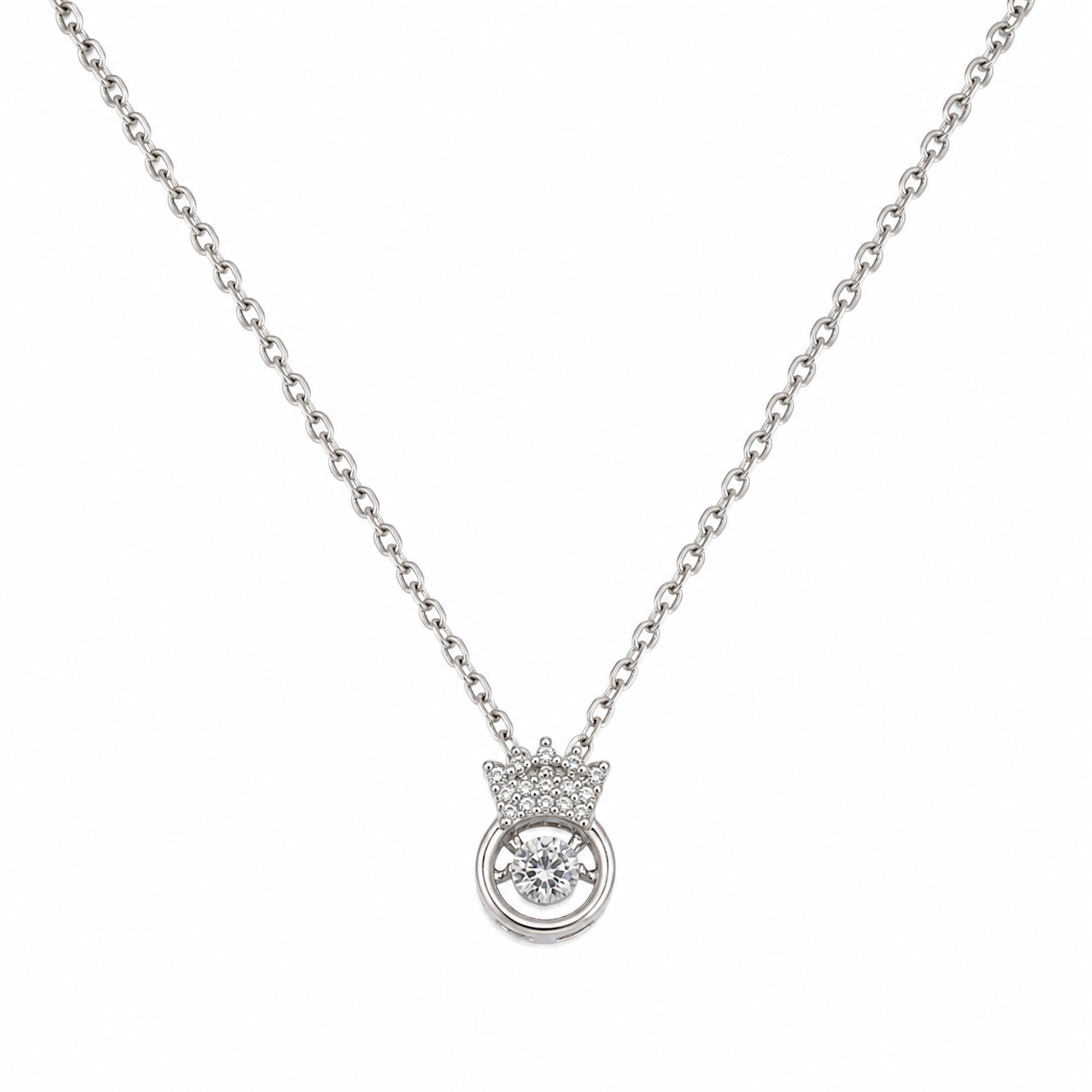 Silver CZ crown orbital pendant necklace on cream satin flat lay with dried baby's breath and crystal perfume bottle – AureliaBlends Royal Orbit Collection lifestyle shot