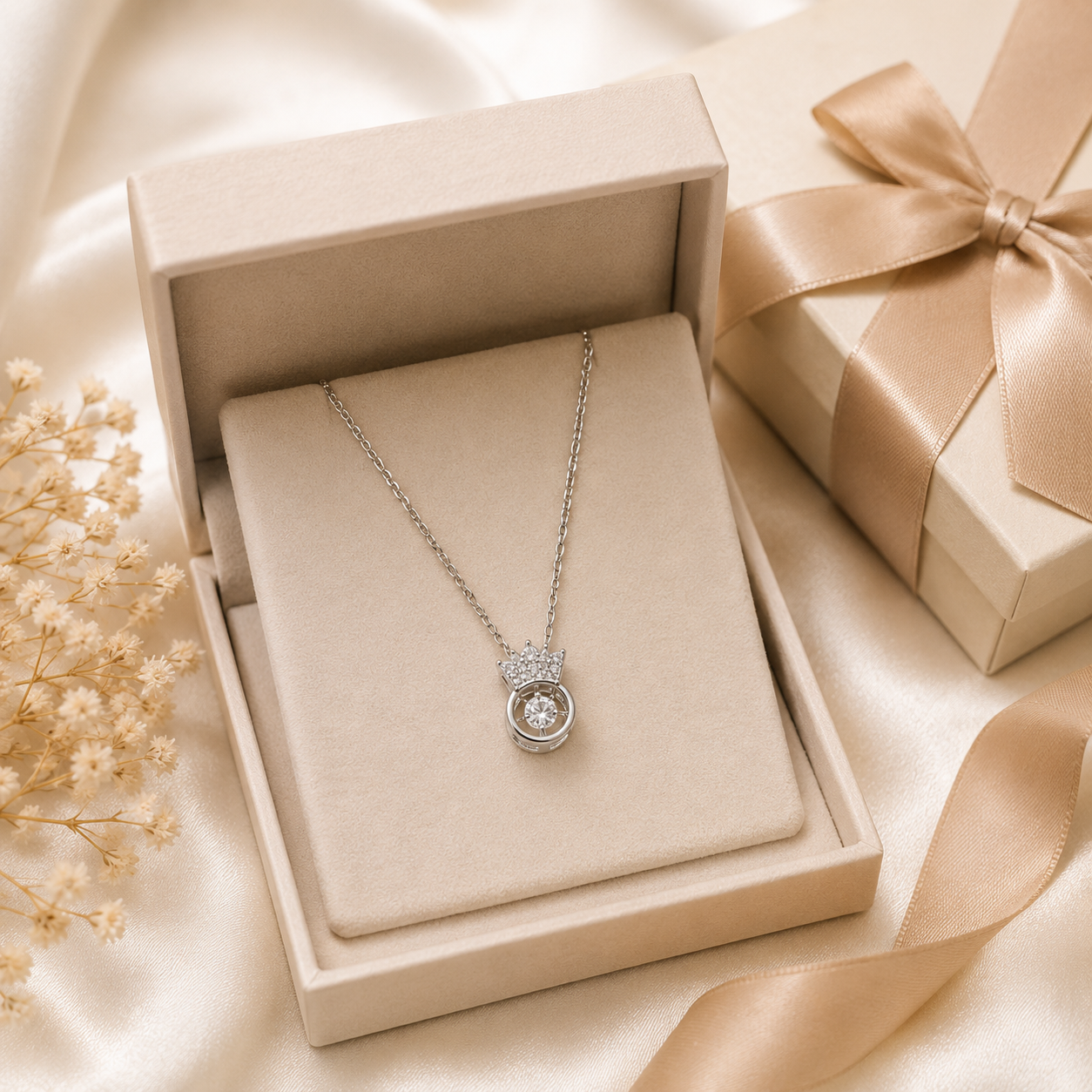 Silver CZ crown orbital pendant necklace on black velvet jewelry bust in luxury jewelry boutique with champagne gift box and Elegance is Everything acrylic sign – AureliaBlends