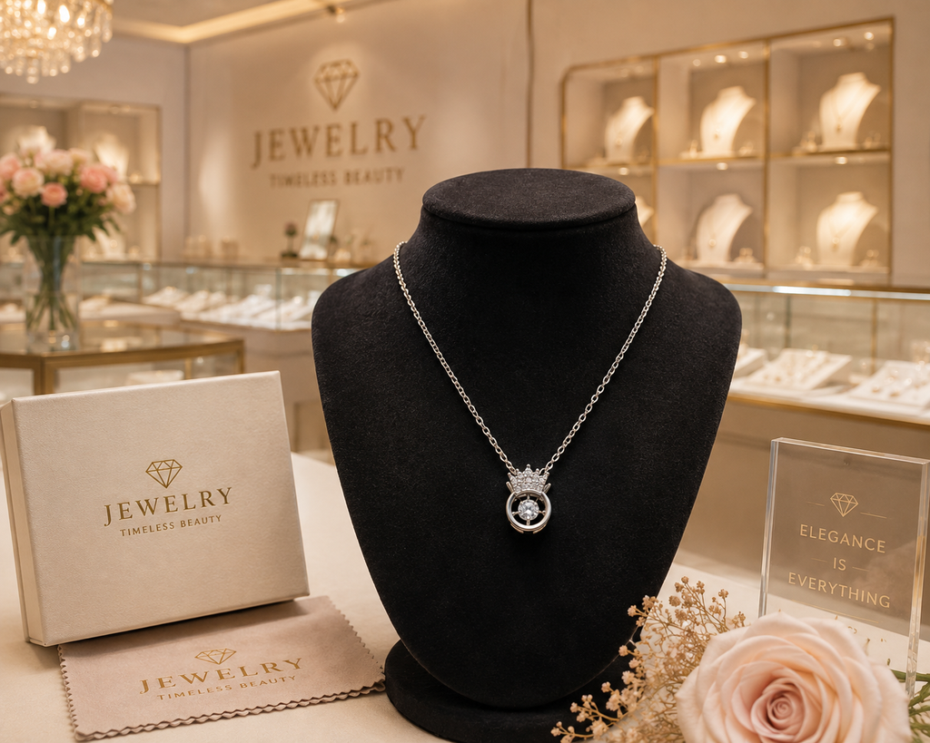 Close-up of silver CZ crown orbital pendant necklace showing floating round-cut cubic zirconia centre stone within open orbital ring and pavé CZ crown topper – AureliaBlends