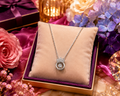 Silver crown orbital CZ pendant necklace on cream satin with crystal glass and dried flowers – AureliaBlends dainty silver necklace everyday wear