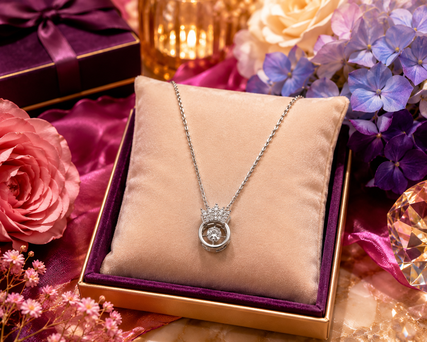 Silver crown orbital CZ pendant necklace on cream satin with crystal glass and dried flowers – AureliaBlends dainty silver necklace everyday wear