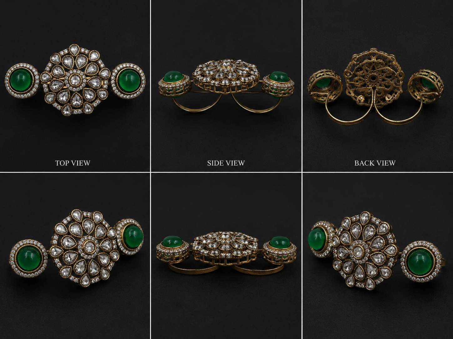 Gold Kundan double finger ring with red cabochon side stones and polki crystal floral centrepiece flat lay on black satin with dried flowers – AureliaBlends