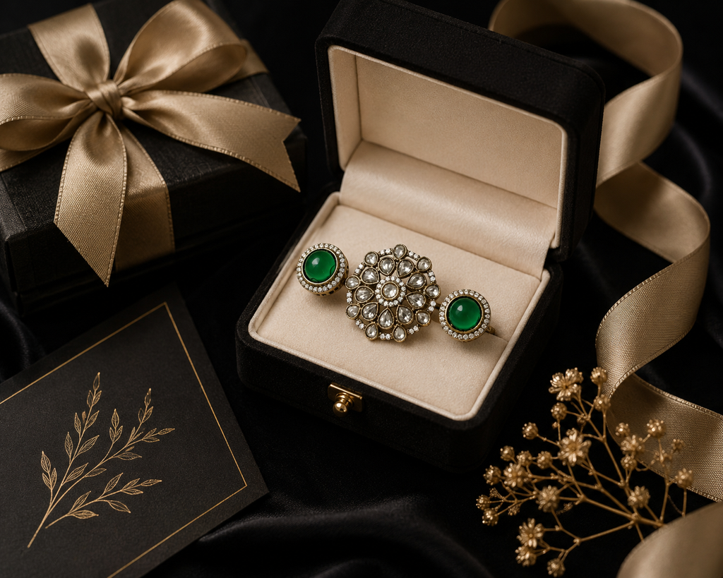 Gold Kundan double finger ring with green cabochon side stones and polki crystal floral centrepiece displayed in open black luxury jewelry box with gold ribbon and gift box – AureliaBlends