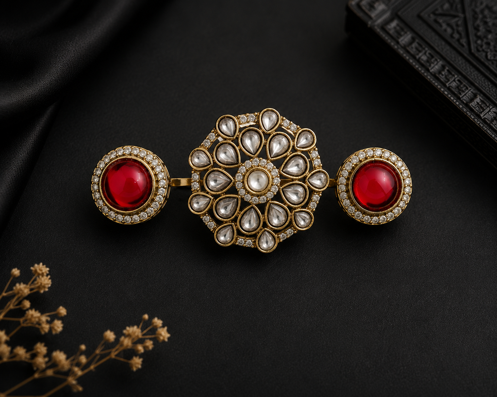 Gold Kundan double finger ring with green cabochon side stones showing top view side view and back view multi-angle product shots on black background – AureliaBlends