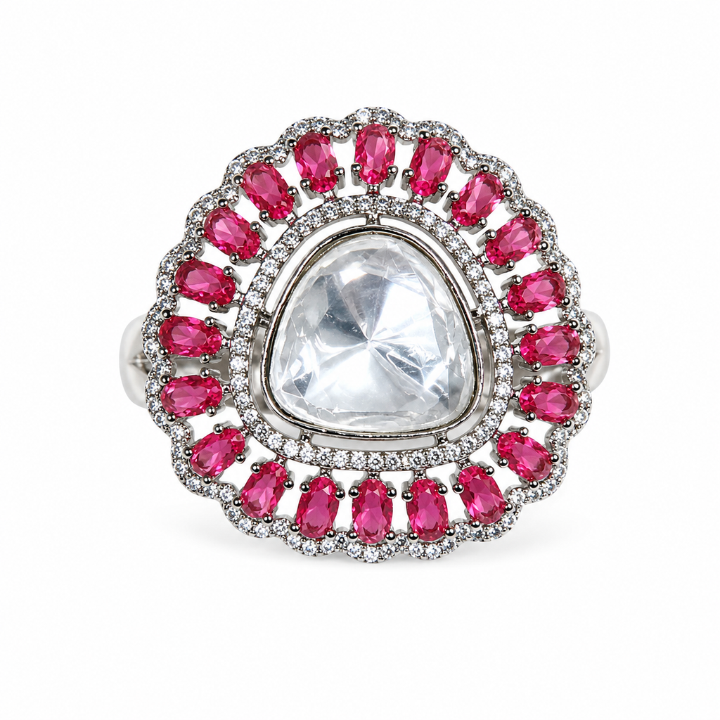 Silver polki cocktail ring with large triangular uncut crystal centre stone and oval ruby red CZ double halo and scalloped pave CZ border product shot on white background showing full ring design – AureliaBlends