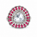 Silver polki cocktail ring with large triangular uncut crystal centre stone and oval ruby red CZ double halo and scalloped pave CZ border product shot on white background showing full ring design – AureliaBlends