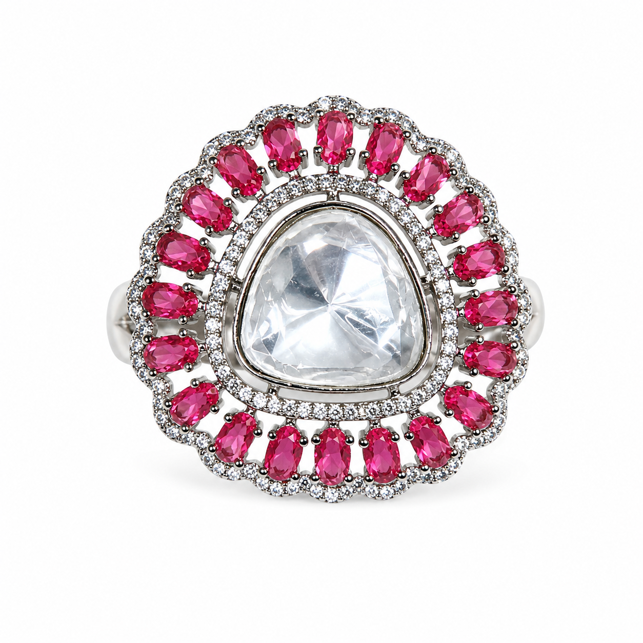 Silver polki cocktail ring with large triangular uncut crystal centre stone and oval ruby red CZ double halo and scalloped pave CZ border product shot on white background showing full ring design – AureliaBlends