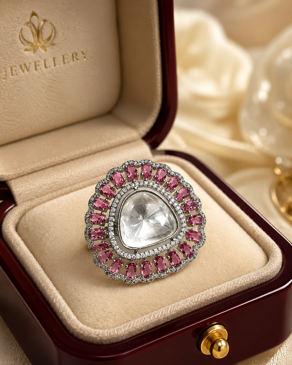 Silver polki cocktail ring with triangular uncut crystal and ruby red CZ double halo displayed in open dark burgundy luxury jewelry box with cream velvet lining on cream satin background – AureliaBlends