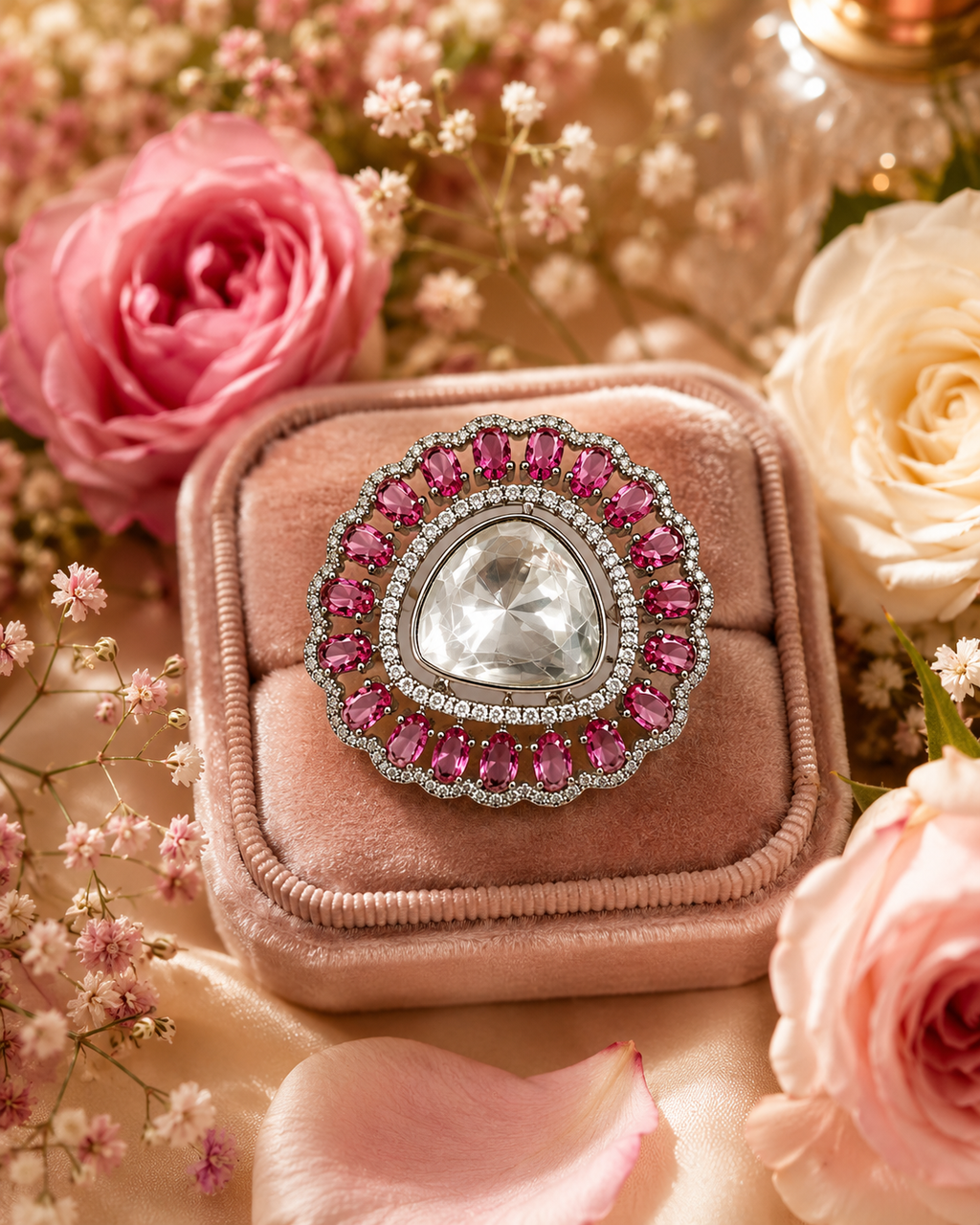 Indian woman wearing silver polki cocktail statement ring with triangular uncut crystal and ruby red CZ double halo on index finger in champagne silk saree with gold jewelry in warm editorial setting – AureliaBlends