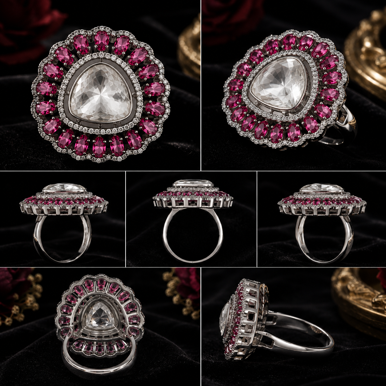 Silver polki cocktail ring with triangular uncut crystal centre stone and oval ruby red CZ double halo multi-angle product shots showing top side and back views on black background – AureliaBlends