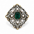 Antique gold Mughal filigree cocktail ring with emerald green emerald-cut centre stone pearl cabochons and pear CZ stones product shot on white background showing full diamond-shaped filigree design – AureliaBlends