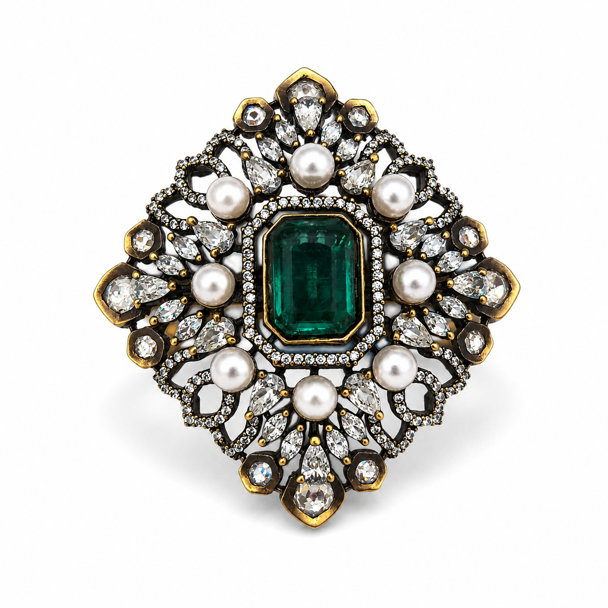 Antique gold Mughal filigree cocktail ring with emerald green emerald-cut centre stone pearl cabochons and pear CZ stones product shot on white background showing full diamond-shaped filigree design – AureliaBlends