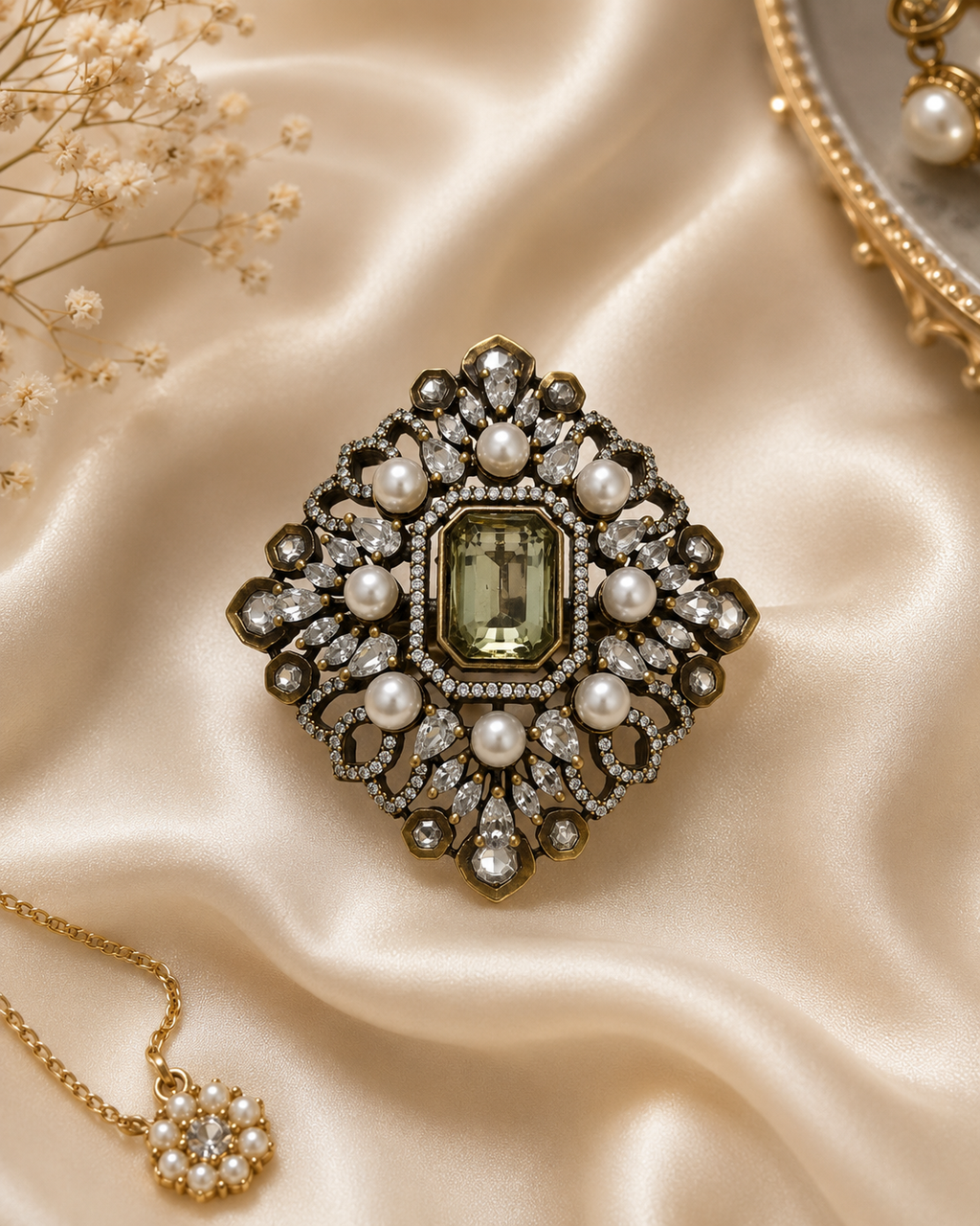 All five antique gold Mughal filigree cocktail ring colour variants emerald green sapphire blue blush pink olive sage and crystal white displayed together on cream satin – AureliaBlends