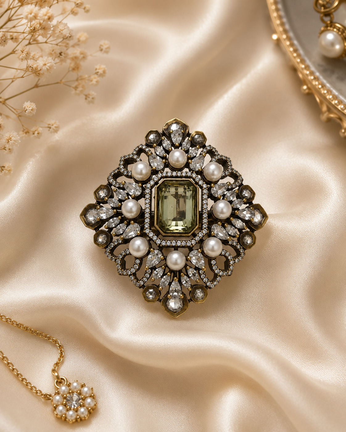 All five antique gold Mughal filigree cocktail ring colour variants emerald green sapphire blue blush pink olive sage and crystal white displayed together on cream satin – AureliaBlends