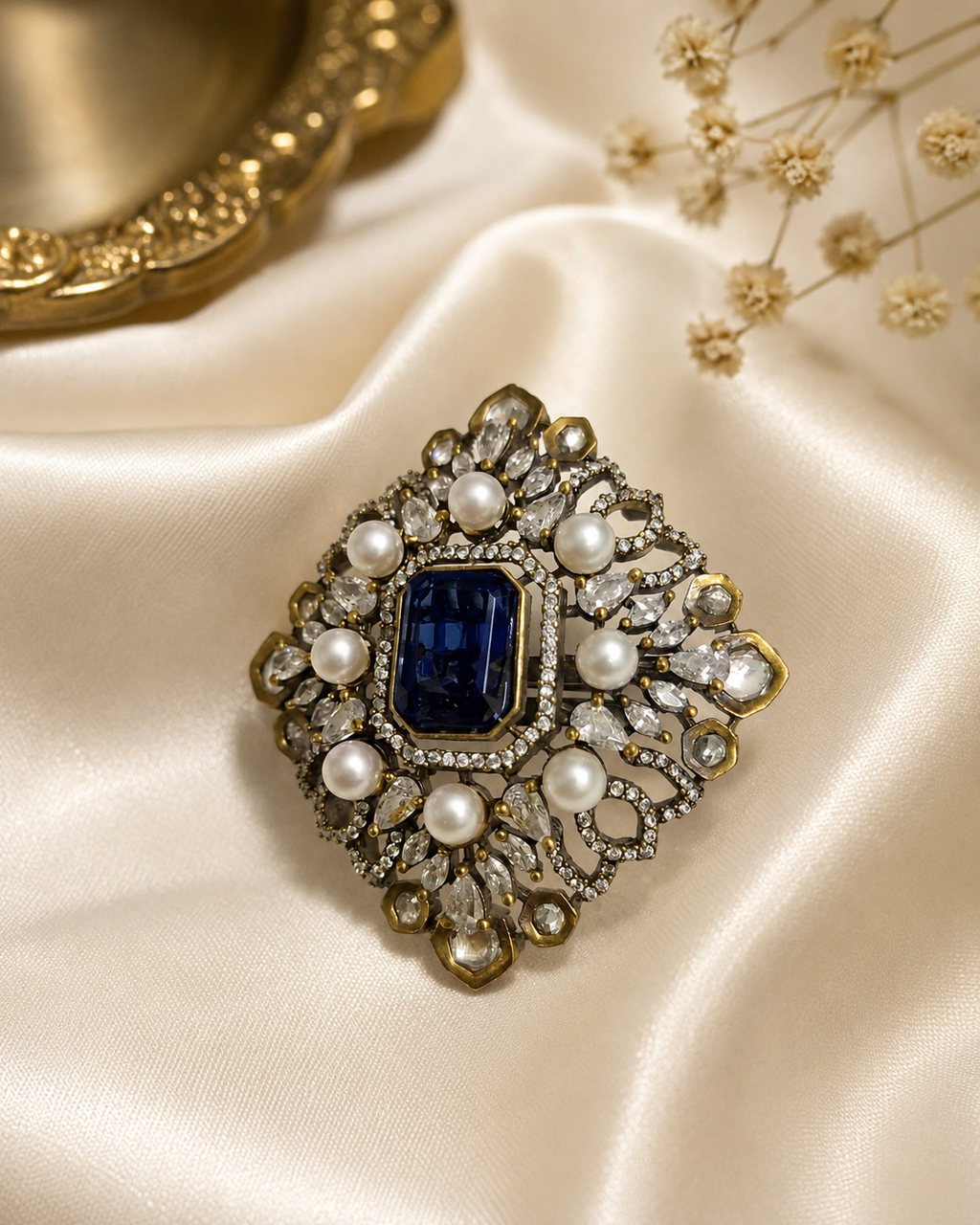 Antique gold Mughal filigree cocktail ring with emerald green centre stone close-up detail shot showing pearl cabochons pear CZ stones and oxidised antique gold filigree frame – AureliaBlends