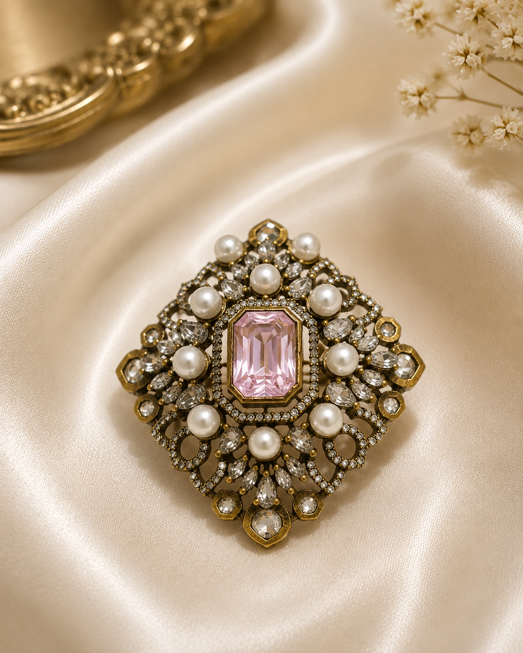 Antique gold Mughal filigree cocktail ring with sapphire blue centre stone close-up detail shot showing pearl cabochons pear CZ stones and oxidised antique gold filigree frame – AureliaBlends