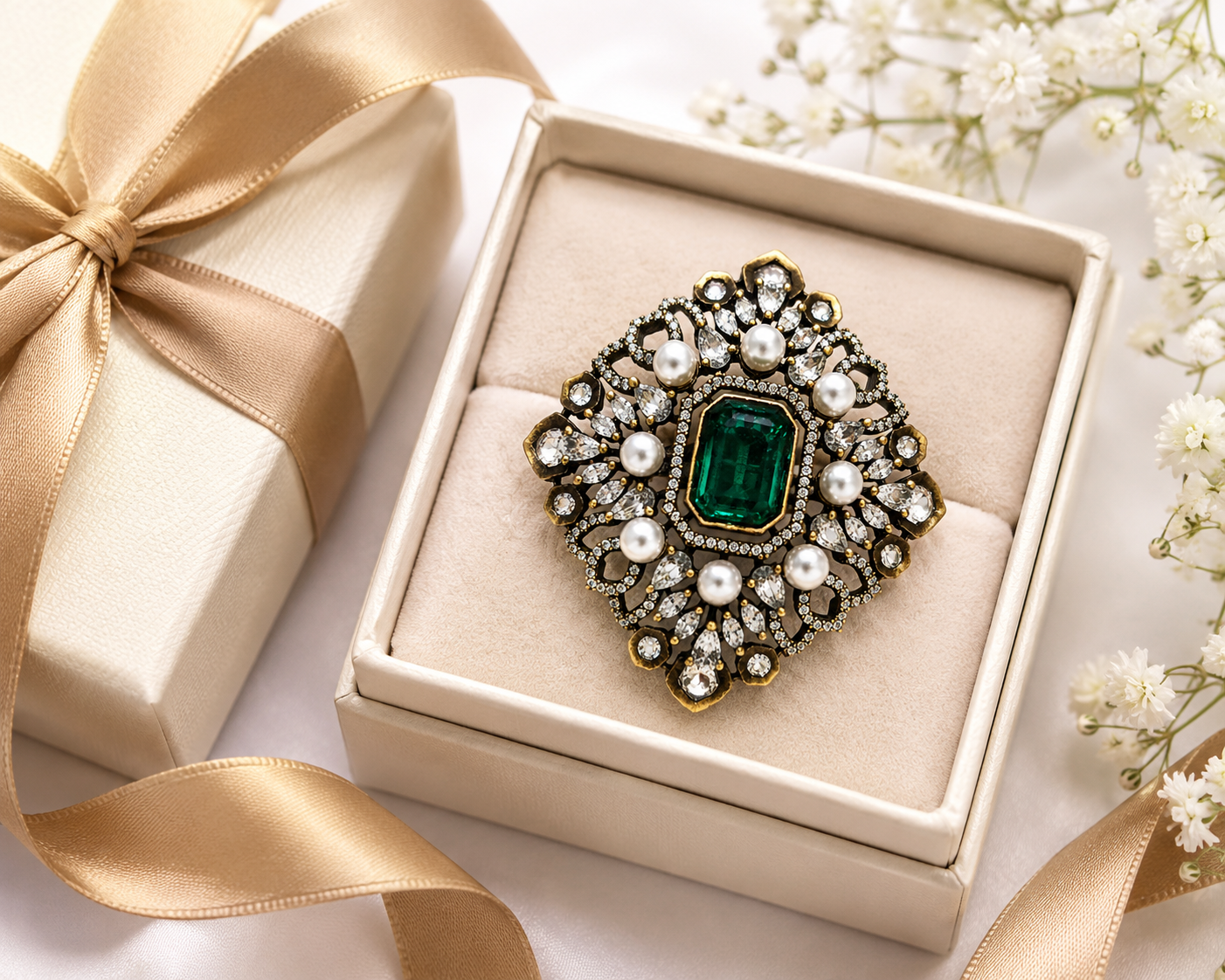 Antique gold Mughal filigree cocktail ring with emerald green centre stone and pearl cabochons displayed on dark brown velvet ring box surrounded by red roses baby breath and candlelight – AureliaBlends