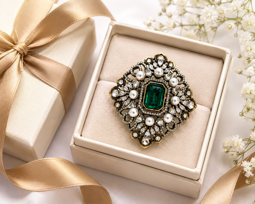 Antique gold Mughal filigree cocktail ring with emerald green centre stone and pearl cabochons displayed on dark brown velvet ring box surrounded by red roses baby breath and candlelight – AureliaBlends