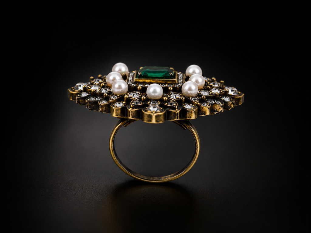 Antique gold Mughal filigree cocktail ring with emerald green emerald-cut centre stone pearl cabochons and pear CZ stones flat lay on champagne cream satin with baby breath and gold tray – AureliaBlends