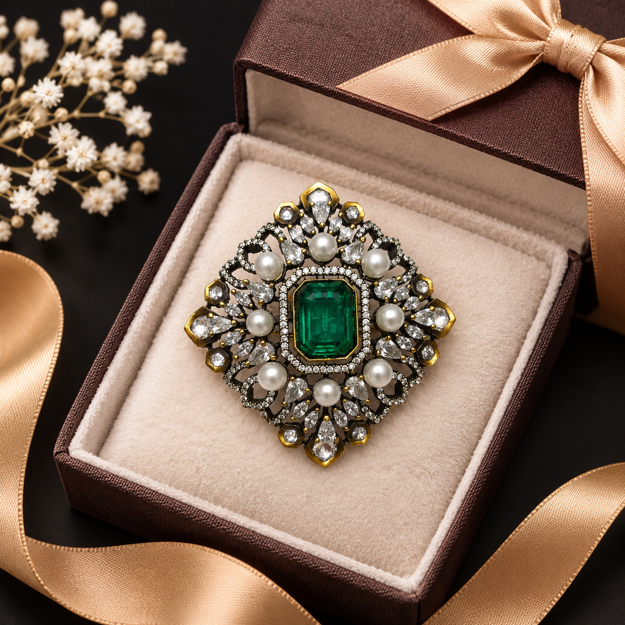 Antique gold Mughal filigree cocktail ring with olive sage green emerald-cut centre stone pearl cabochons and pear CZ stones flat lay on champagne cream satin with baby breath and gold chain necklace – AureliaBlends