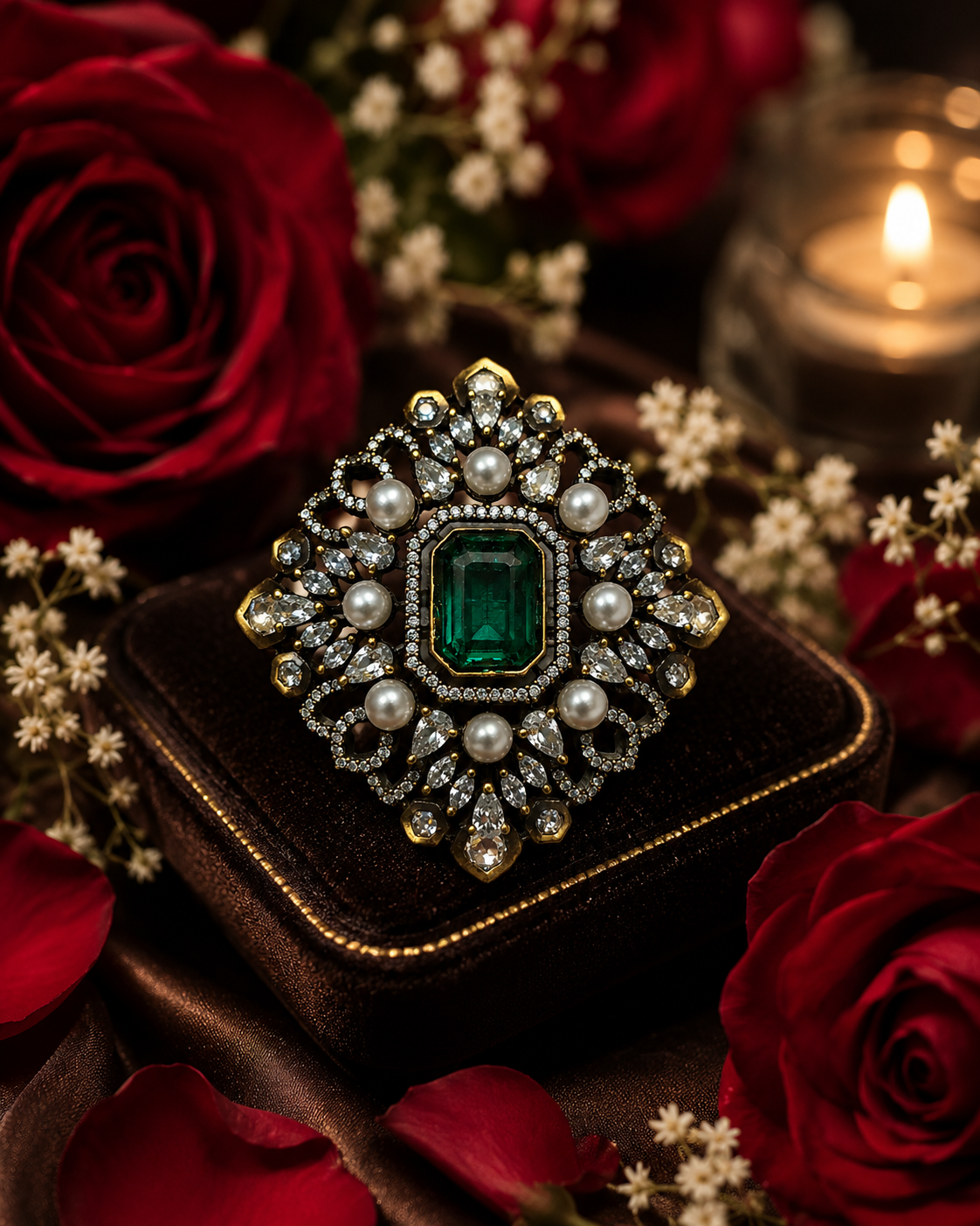 Antique gold Mughal filigree cocktail ring with blush pink emerald-cut centre stone pearl cabochons and pear CZ stones flat lay on champagne cream satin with baby breath and gold tray – AureliaBlends