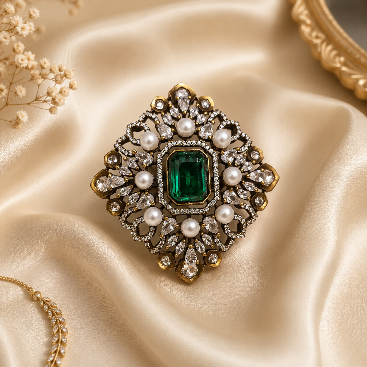 Antique gold Mughal filigree cocktail ring with crystal white emerald-cut centre stone pearl cabochons and pear CZ stones flat lay on champagne cream satin with baby breath and gold chain – AureliaBlends