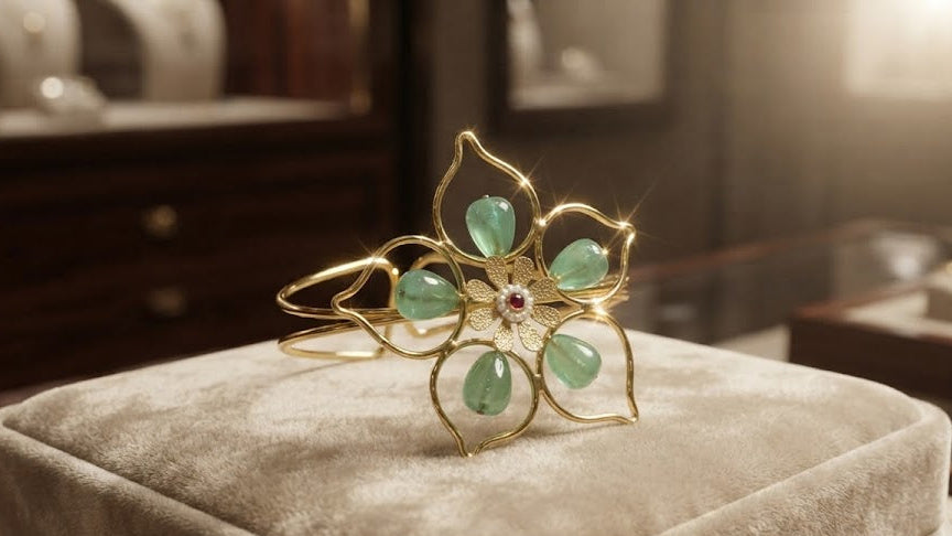 Gold open cuff flower bangle bracelet with green aventurine teardrop cabochon stones and ruby CZ centre flat lay on white background showing full sculptural floral design – AureliaBlends
