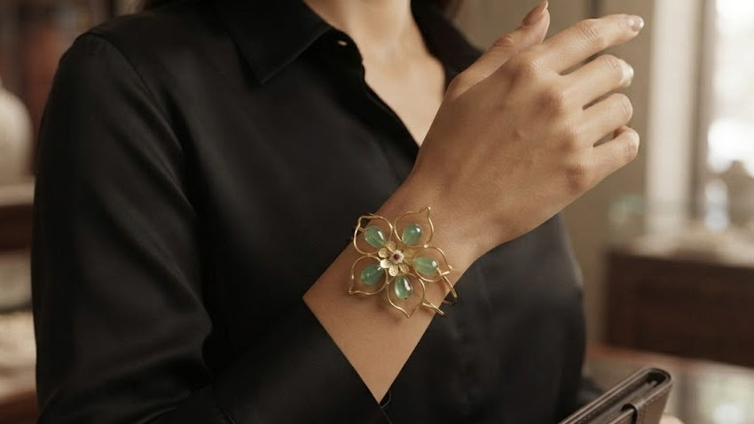 Woman wearing gold open cuff flower bangle bracelet with green aventurine stones and ruby CZ centre on wrist in black satin shirt in jewelry store – AureliaBlends