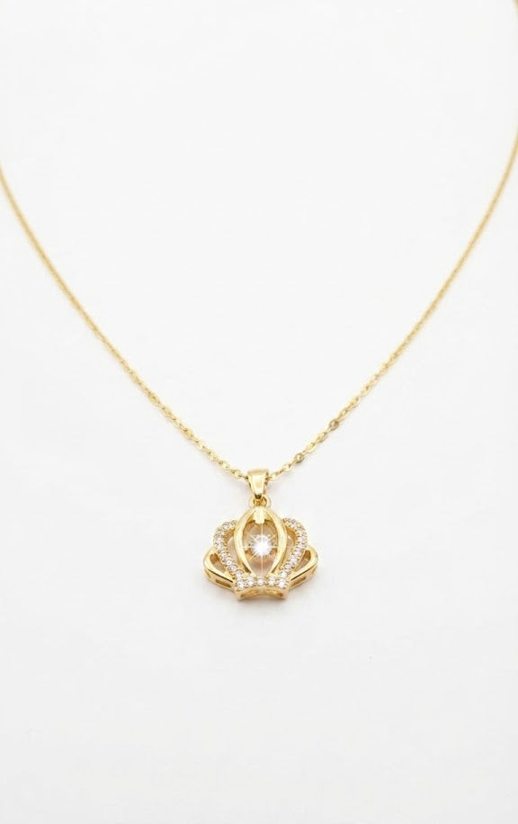 Gold CZ open crown pendant necklace on cream linen flat lay with navy velvet monogram gift box, lavender sprigs, navy silk scarf and fountain pen – AureliaBlends To My Queen Collection lifestyle shot