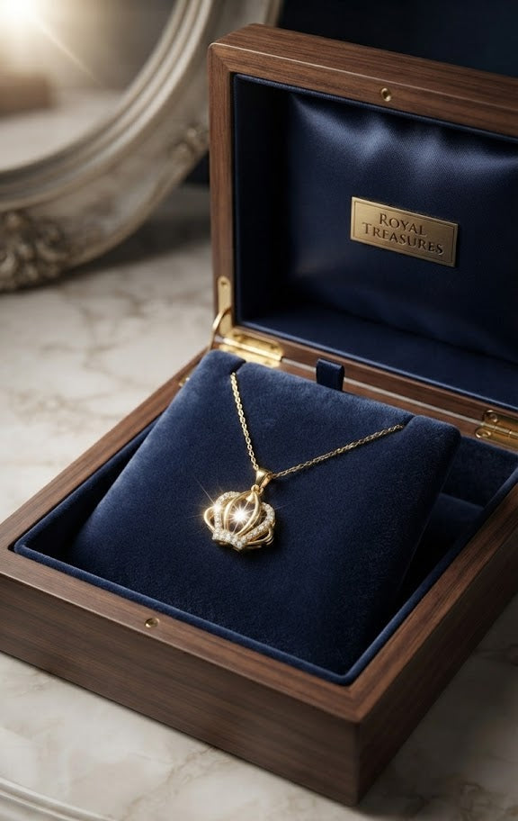 Gold CZ open crown pendant necklace in open navy velvet gift box with To My Queen gold-embossed card on wooden tray with dried rose and blush satin ribbon – AureliaBlends gift for her