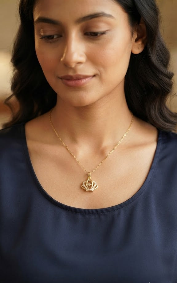 Gold CZ open crown pendant necklace on black crocodile leather surface with To My Queen gold card – AureliaBlends dark luxury editorial product shot