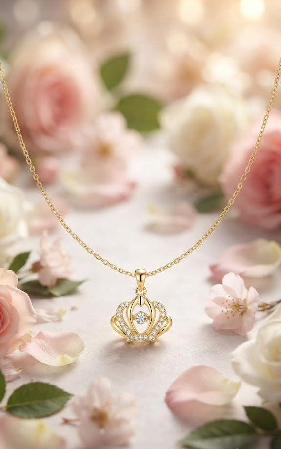 Gold open crown CZ pendant necklace close-up showing pavé cubic zirconia tines and marquise CZ centre stone in polished oval frame – AureliaBlends