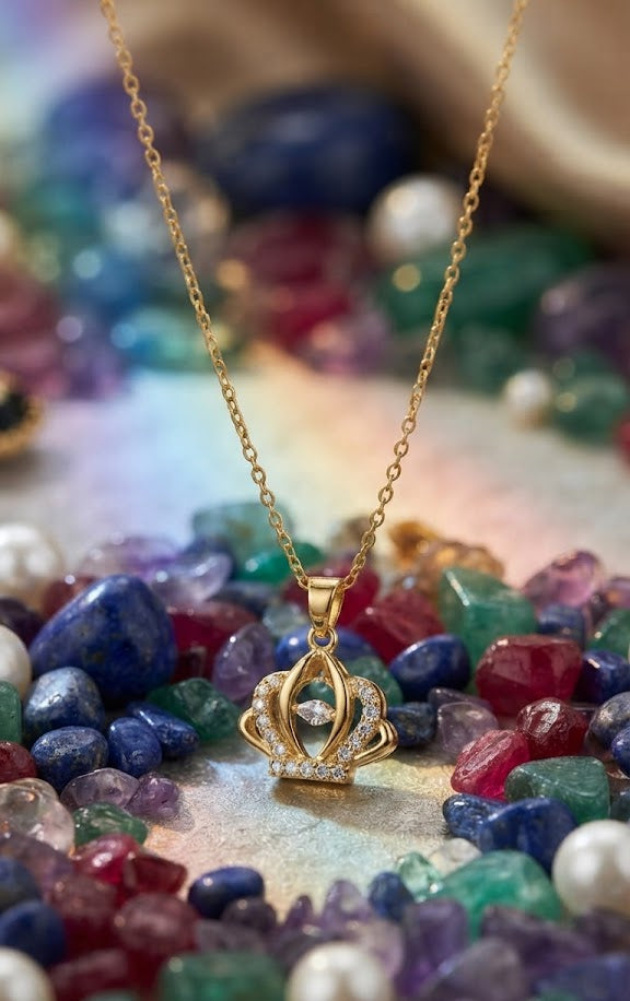 Gold CZ crown pendant necklace on cream satin with navy velvet gift box and lavender – AureliaBlends dainty gold necklace everyday wear