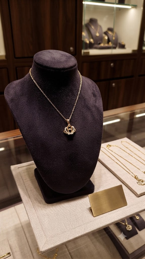Gold CZ open crown pendant necklace in navy gift box with To My Queen card on wooden surface with blush roses – AureliaBlends luxury gift for mum birthday gift