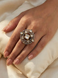 Gold antique polki cocktail ring with square polki centre stone and triangular pear polki compass star design and double pave CZ border product shot on black velvet background showing full circular open-work frame – AureliaBlends