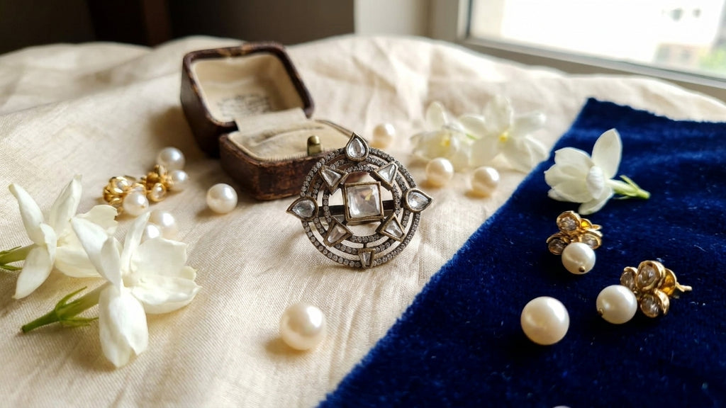 Gold antique polki cocktail ring with square polki centre stone and compass star design displayed on cream linen with loose pearls white jasmine flowers gold earrings and vintage brown ring box on blue velvet tray – AureliaBlends